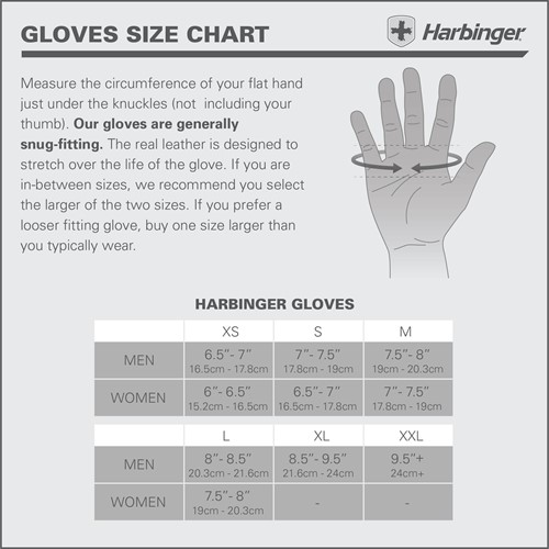 Harbinger fitnesshandschoenen size chart