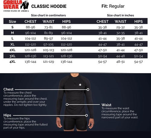 Gorilla Wear Classic Hoodie - Zwart - Maattabel