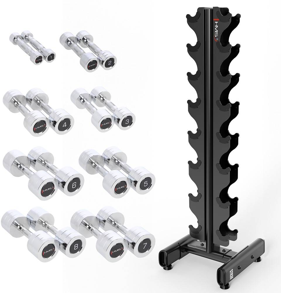 HMS Dumbbell Toren met Volledige Chroom Dumbbell Set - 1 t/m 8 kg