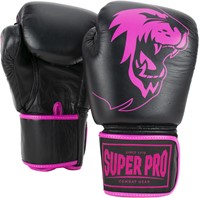 Super Pro Combat Gear Warrior Lederen (Kick)Bokshandschoenen - Zwart/Roze - 14 oz