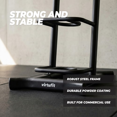 Detailopname van het robuuste stalen frame van het VirtuFit opbergrek met een duurzame zwarte poedercoating.