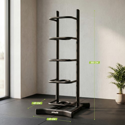 Overzichtsfoto van het VirtuFit opbergrek met afmetingen: een hoogte van 185 cm, breedte van 57 cm en diepte van 67 cm.
