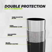 Detailweergave van de dubbele bescherming van het VirtuFit frame met zwarte poedercoating en roestbestendig staal.