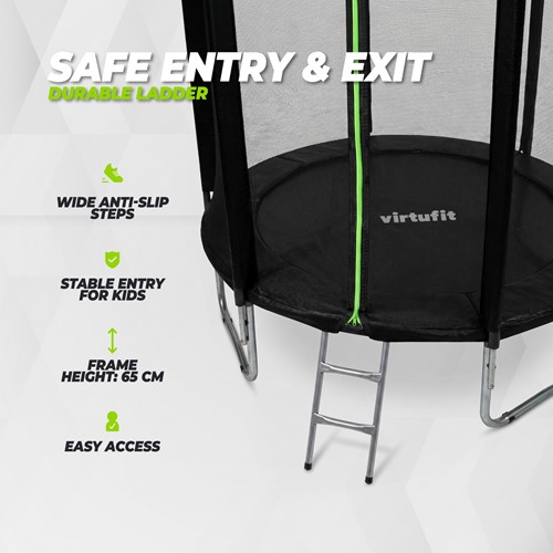 Infographic van de VirtuFit trampoline ladder met anti slip treden voor een veilige instap op 65 cm framehoogte.