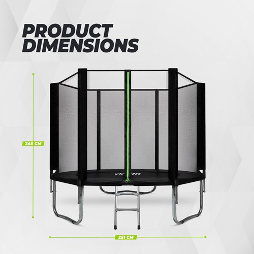 Overzicht van de product afmetingen van de VirtuFit trampoline met een diameter van 251 cm en een totale hoogte van 245 cm.