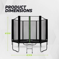 Vooraanzicht van de VirtuFit Trampoline 305 cm met infographic van de afmetingen inclusief de totale hoogte van 245 cm en diameter van 305 cm.