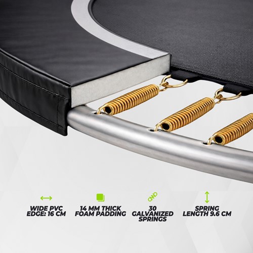 Detailopname van de VirtuFit kindertrampoline met specificaties van de 16 cm brede PVC beschermrand, de 14 mm dikke foam vulling en de 30 gegalvaniseerde veren met een lengte van 9.6 cm.