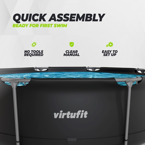 Infographic over de snelle montage van het VirtuFit Zwembad waarbij geen gereedschap nodig is voor het opzetten.