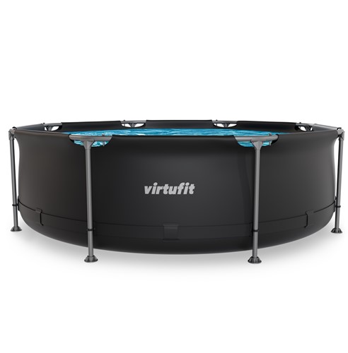 Vooraanzicht van het compacte VirtuFit opzet zwembad in de kleur antraciet met een stevig metalen frame.