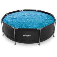 Bovenaanzicht van het ronde VirtuFit Frame Zwembad antraciet met een diameter van 244 cm gevuld met water.