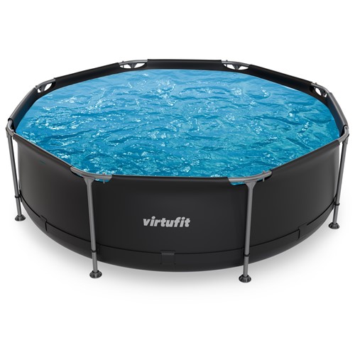 Bovenaanzicht van het ronde VirtuFit Frame Zwembad antraciet met een diameter van 244 cm gevuld met water.