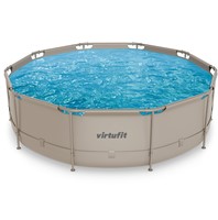 Bovenaanzicht van het beige VirtuFit Rond Frame Zwembad 366 cm op een witte achtergrond ter verduidelijking van de ronde vorm.