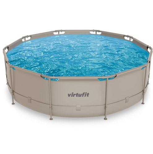 Bovenaanzicht van het beige VirtuFit Rond Frame Zwembad 366 cm op een witte achtergrond ter verduidelijking van de ronde vorm.