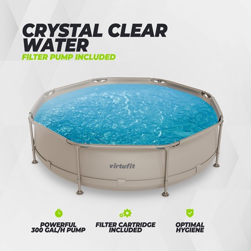 Infographic van het beige VirtuFit ronde zwembad met een bovenaanzicht van het heldere water en details over de krachtige 300 gal per uur filterpomp inclusief cartridge voor optimale hygiëne.