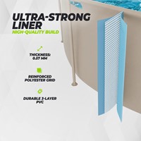 Infographic van de ultra sterke liner van het VirtuFit ronde frame zwembad met specificaties van de dikte van 0.57 mm en het duurzame 3 laags PVC materiaal met een versterkt polyester raster.