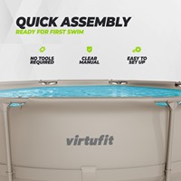 Infographic van de wand van het beige VirtuFit ronde zwembad met details over de snelle montage zonder gereedschap en de duidelijke handleiding.