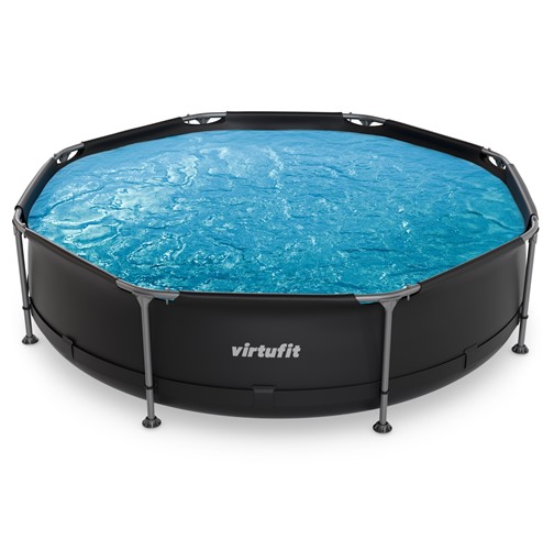 Bovenaanzicht van het gevulde VirtuFit Frame Zwembad Ø 305 cm met helderblauw water.