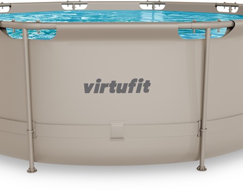 Zijaanzicht van het VirtuFit opzetzwembad met duidelijke weergave van het frame en het merklogo.