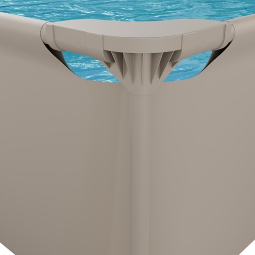 Detailopname hoekconstructie van het taupekleurige VirtuFit zwembad met blauw water.