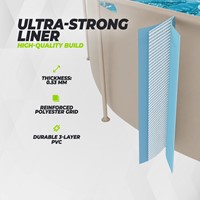 Infographic van de ultra sterke liner van het VirtuFit frame zwembad met specificaties van de dikte van 0.53 mm en het 3 laags PVC materiaal met versterkt polyester raster.