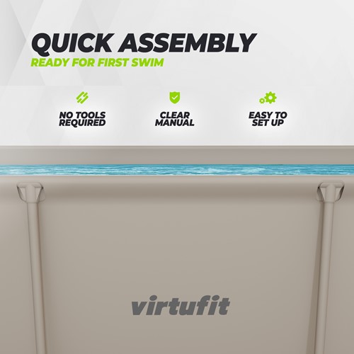 Vooraanzicht van het beige VirtuFit zwembad met een infographic over de snelle montage zonder gereedschap en de overzichtelijke handleiding.