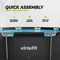 Infographic over de snelle montage van het ronde VirtuFit Zwembad waarbij geen extra gereedschap nodig is voor het opzetten.