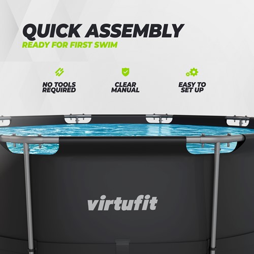 Infographic over de snelle montage van het ronde VirtuFit Zwembad waarbij geen extra gereedschap nodig is voor het opzetten.