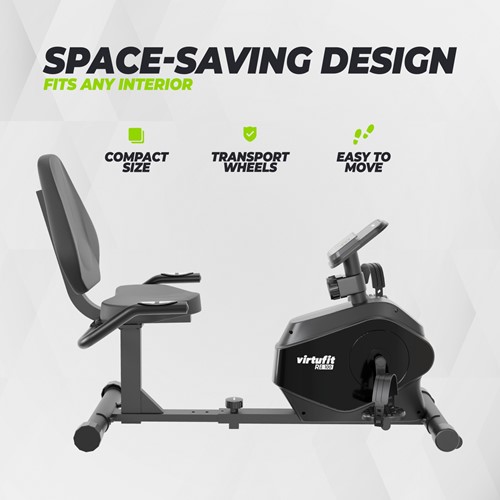 Infographic die het compacte en ruimtebesparende ontwerp met handige transportwielen van de VirtuFit RB100 hometrainer laat zien