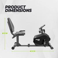 Infographic van de VirtuFit RB100 Recumbent Bike ligfiets hometrainer met de exacte afmetingen van het product